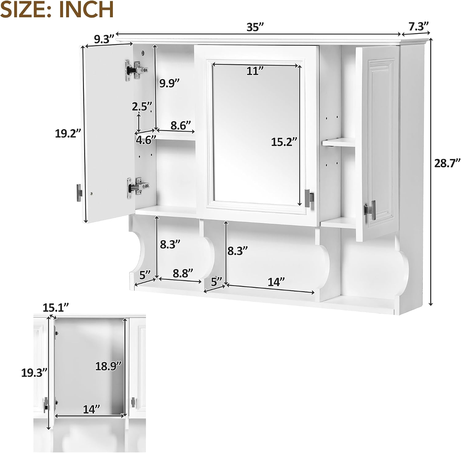 Virubi White 3-Door Mirror Medicine Cabinet