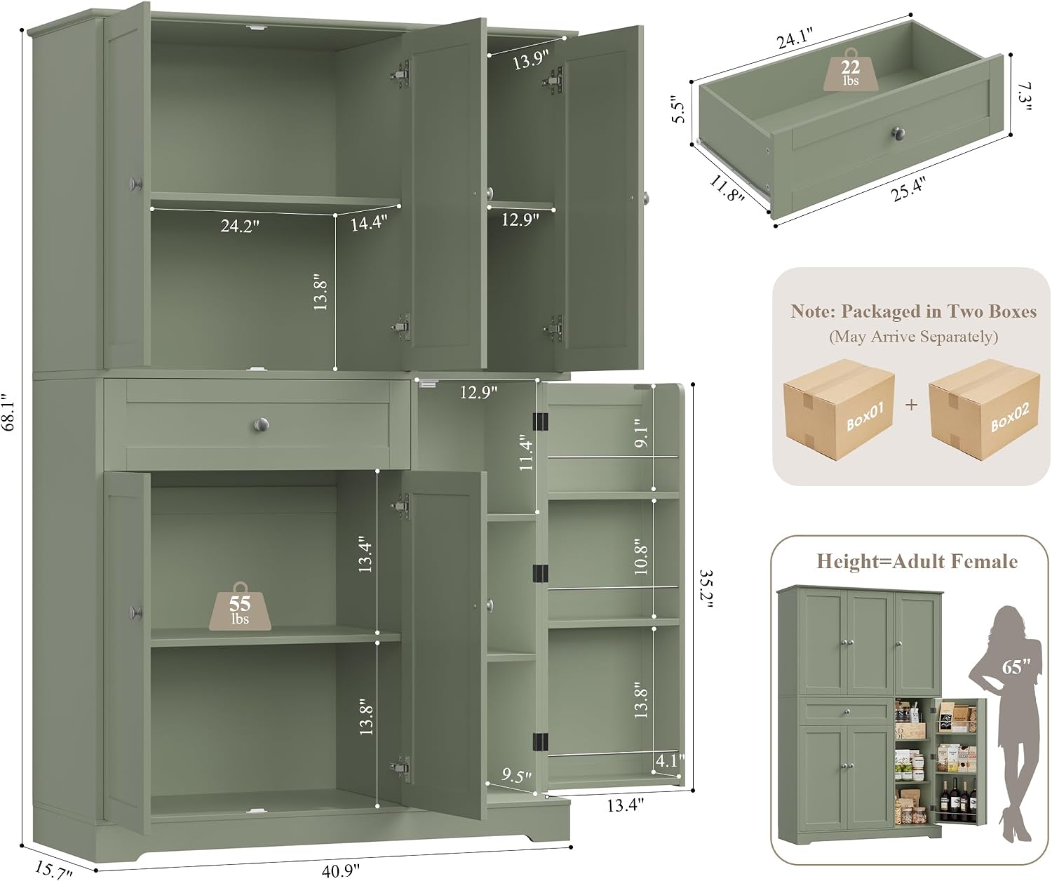 68" Tall Pantry Cabinet with Drawer & Doors