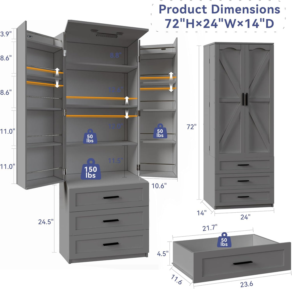 Tall Pantry Cabinet with Barn Doors & Drawers