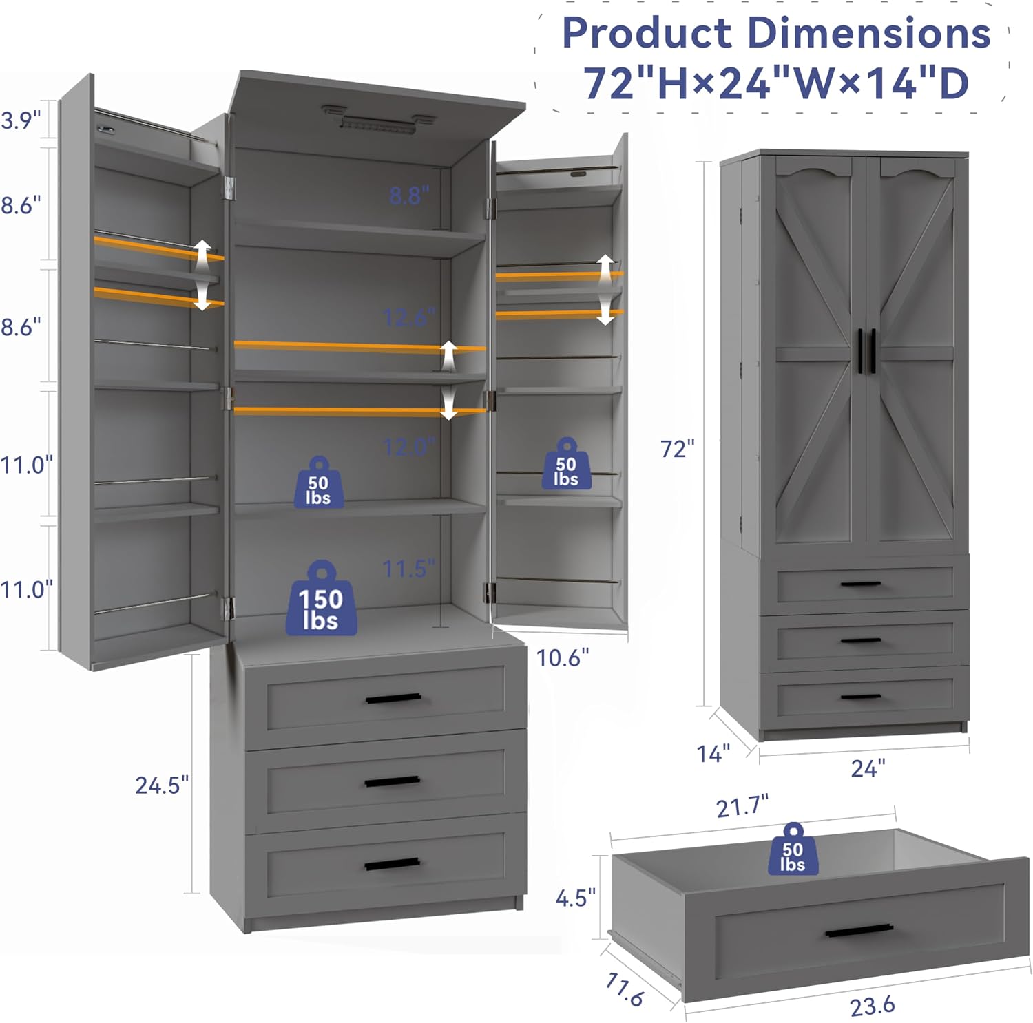 Tall Pantry Cabinet with Barn Doors & Drawers