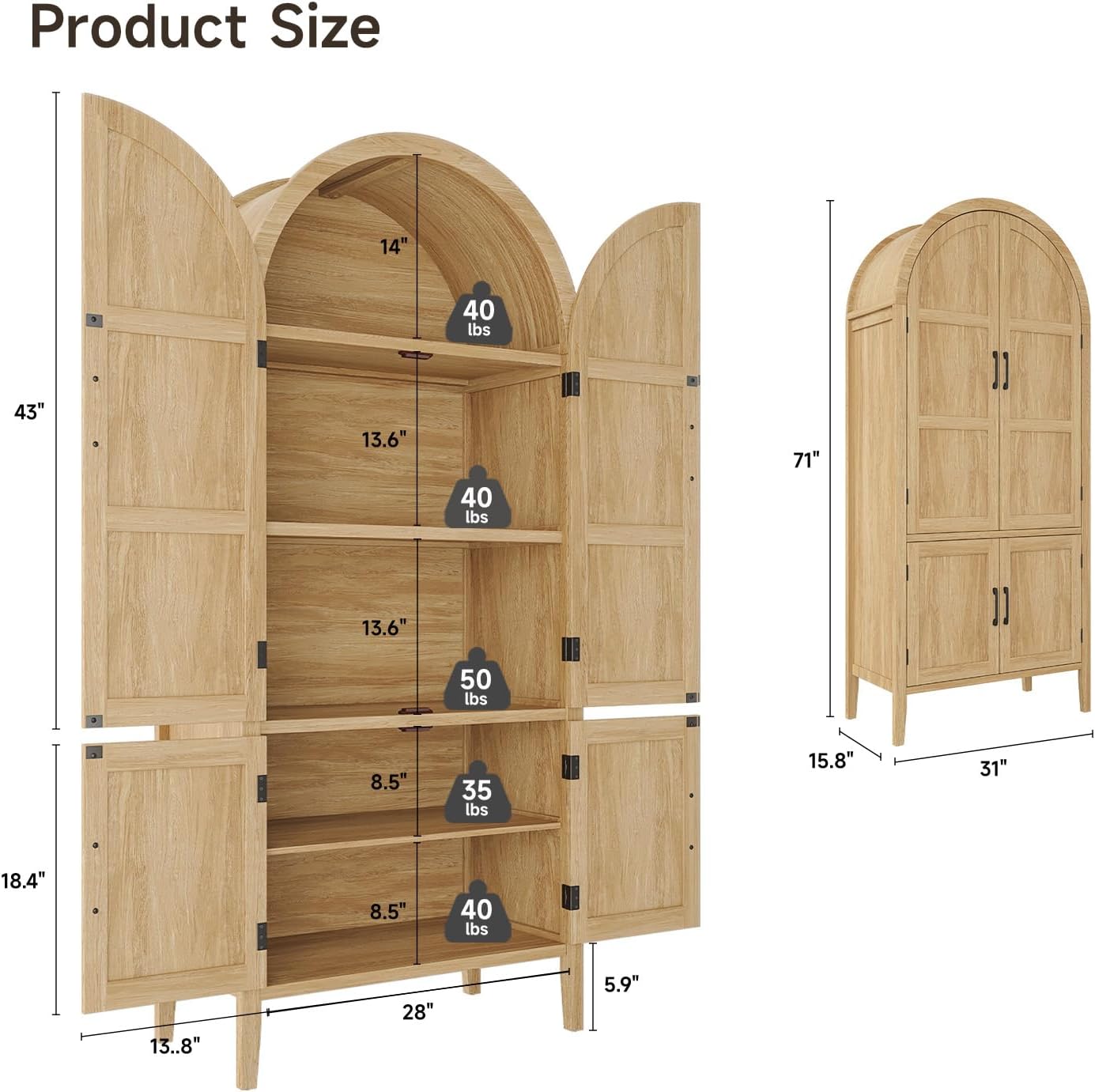 71" Arched Tall Pantry Cabinet with Doors