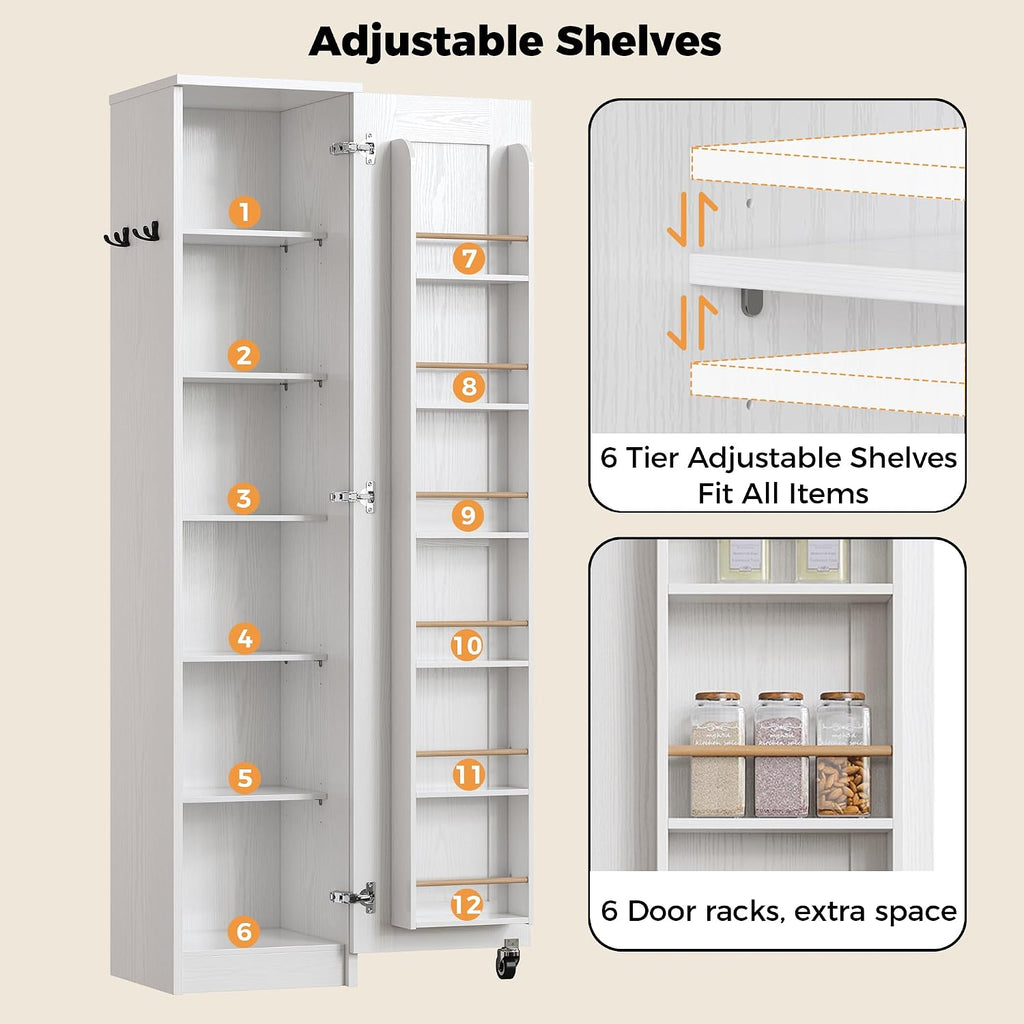72" Slim Single Door Pantry Cabinet with Wheels