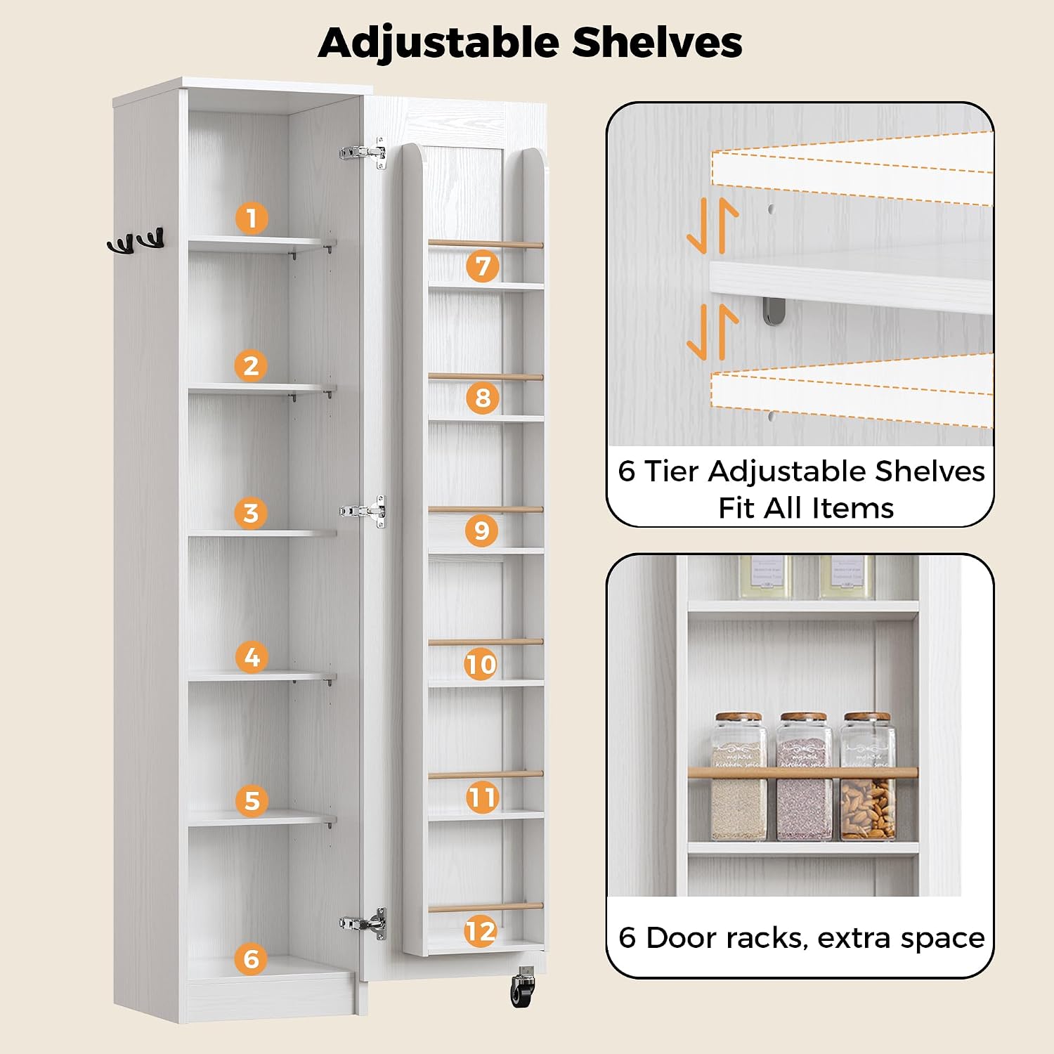 72" Slim Single Door Pantry Cabinet with Wheels