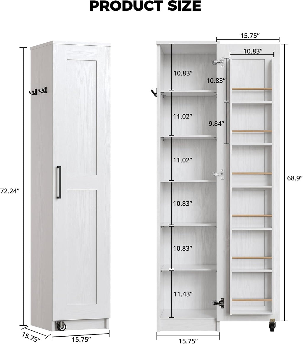 72" Slim Single Door Pantry Cabinet with Wheels