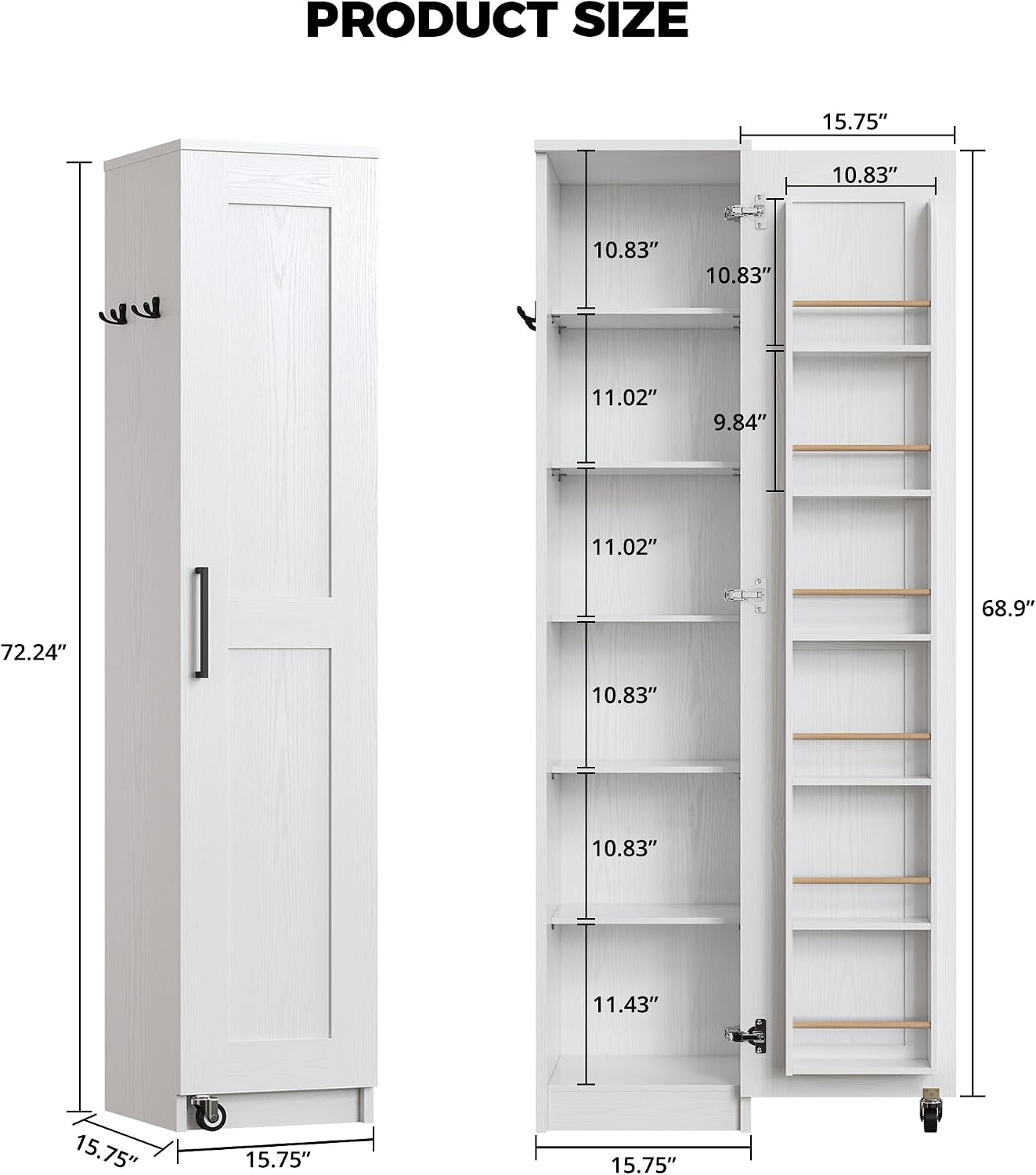 72" Slim Single Door Pantry Cabinet with Wheels