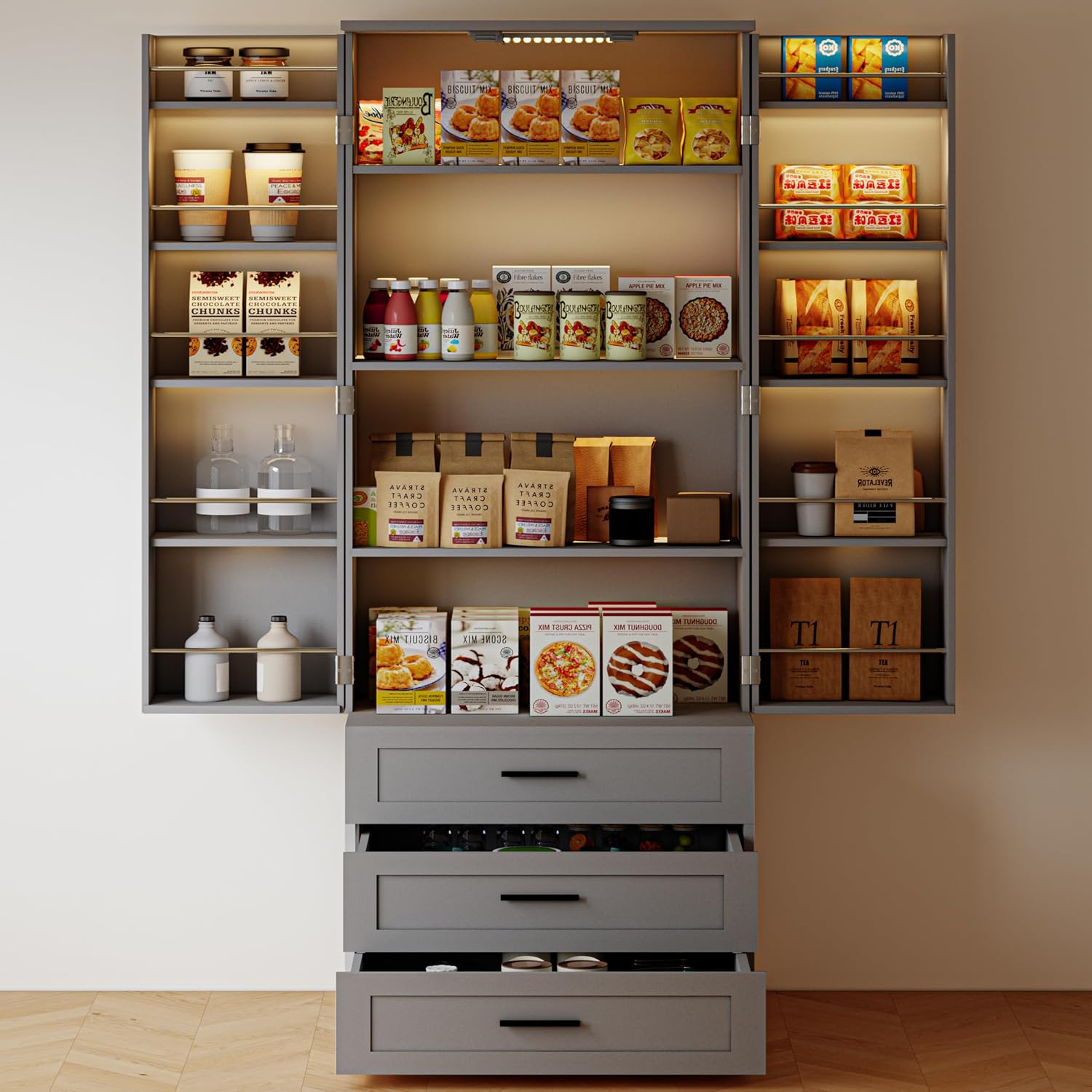 Tall Pantry Cabinet with Barn Doors & Drawers