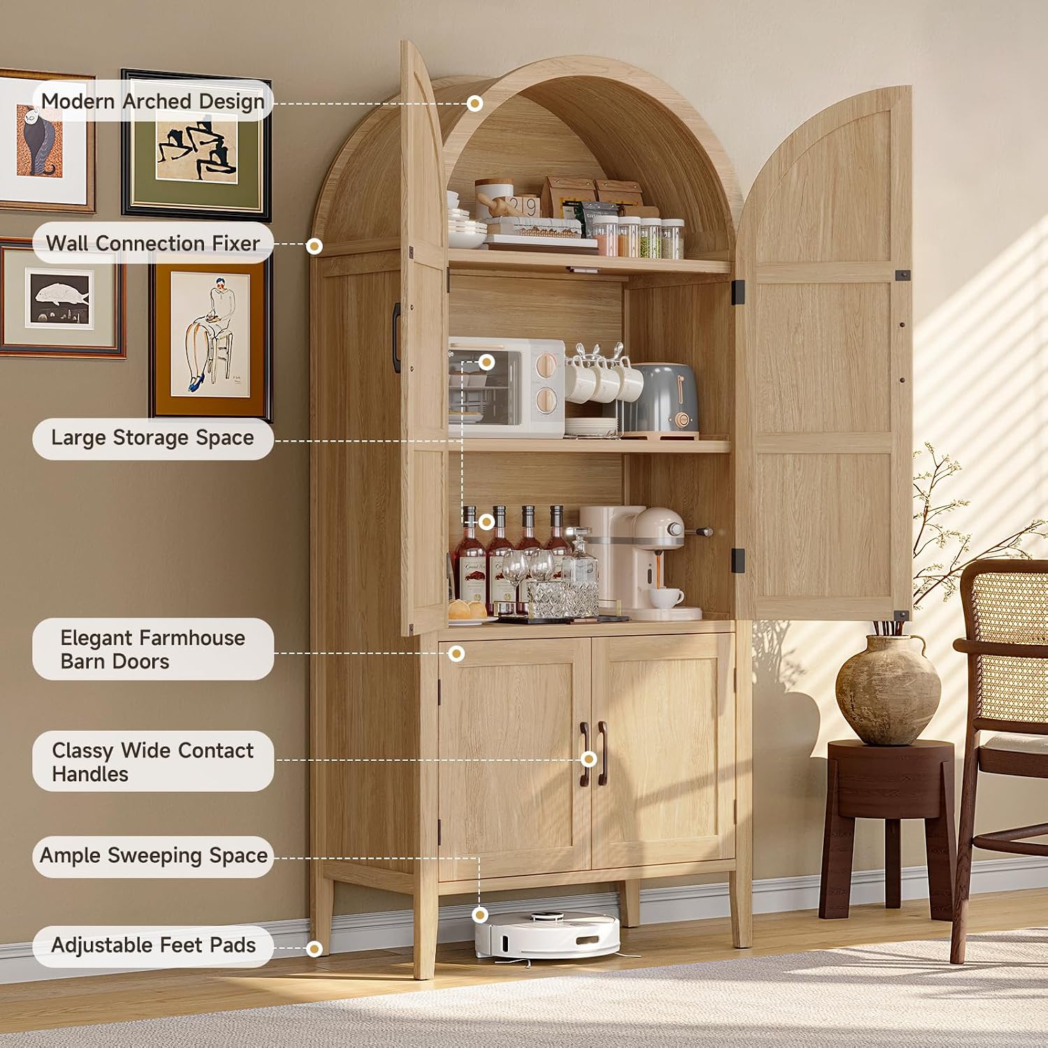 71" Arched Tall Pantry Cabinet with Doors